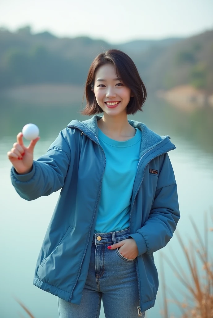 Highly realistic 8k photos, reservoir background, Hold the golf ball with one arm out to the side and in plain view., The other hand is in the pocket, Korean woman, Wearing a blue T-shirt and a blue jacket on top, Wearing jeans, standing face to face, Looking at the camera, short hair, A little smile, Full focus