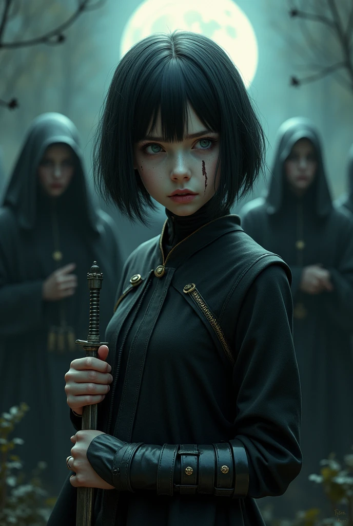 A pale girl with short black hair, from the middle ages 3D, realisitic, Arcane style, with light eyes dark alchemist clothes with a prosthesis on the left arm steampunk with pentagram, cut on the face,  look of pain, dagger, the night, with a religious group behind.