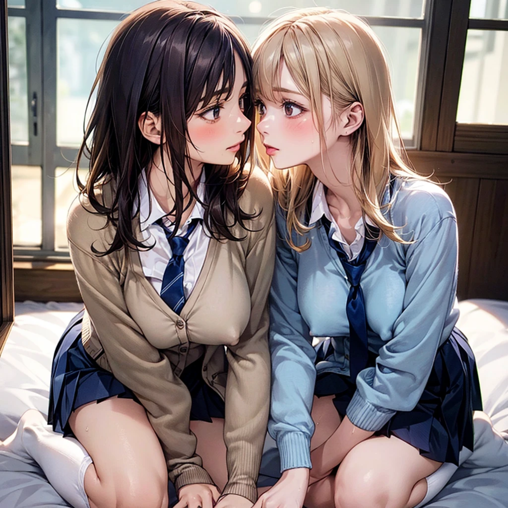 On all fours、Scrounge,Connected saliva,kissしている2 people,Female couple.Hug each other strongly,Lesbian,caress,kiss,(masterpiece:1.2, Highest quality), (Realistic, photoRealistic:1.4), Beautiful illustrations, (Natural Side Lighting, Cinema Lighting), Browsing Caution, Two people gazing into each other's eyes, Love each other, 2 people, Japanese, high school girl, Perfect Face, Cute and symmetrical face, Glowing Skin, slimy skin,Wet Hair,
(Long Hair:1.8, Straight hair:1.7, Light blonde), Asymmetrical bangs,, (Large Breasts:1.1, Thick thighs),
Beautiful Hair, Beautiful Face, Beautiful attention to detail, Beautiful clavicle, Beautiful body, Beautiful breasts, Beautiful thighs, Beautiful feet, Beautiful fingers,
((Light blue collared shirt, Navy pleated mini skirt, Knee socks, Navy untied tie, Light brown cardigan)), See-through shirt、Pink Panties,
(Beautiful views), On the bed, (While looking at each other,Watery eye,Ahegao, Upward glance), Erect nipples,bottomless