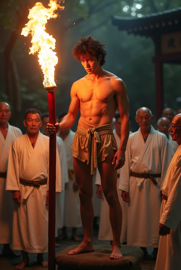 1boy、Photo Quality、Cute handsome man、Mash Hair、Japanese male, 、Completely naked、Full nudity、erection、Huge penis、Highest quality、Realistic、beautiful、Shrine Background、Surrounded by old men wearing white kimonos、On top of the portable shrine、Back view、Completely naked、完全Completely naked、night、Brandishing a thick red stick engulfed in flames