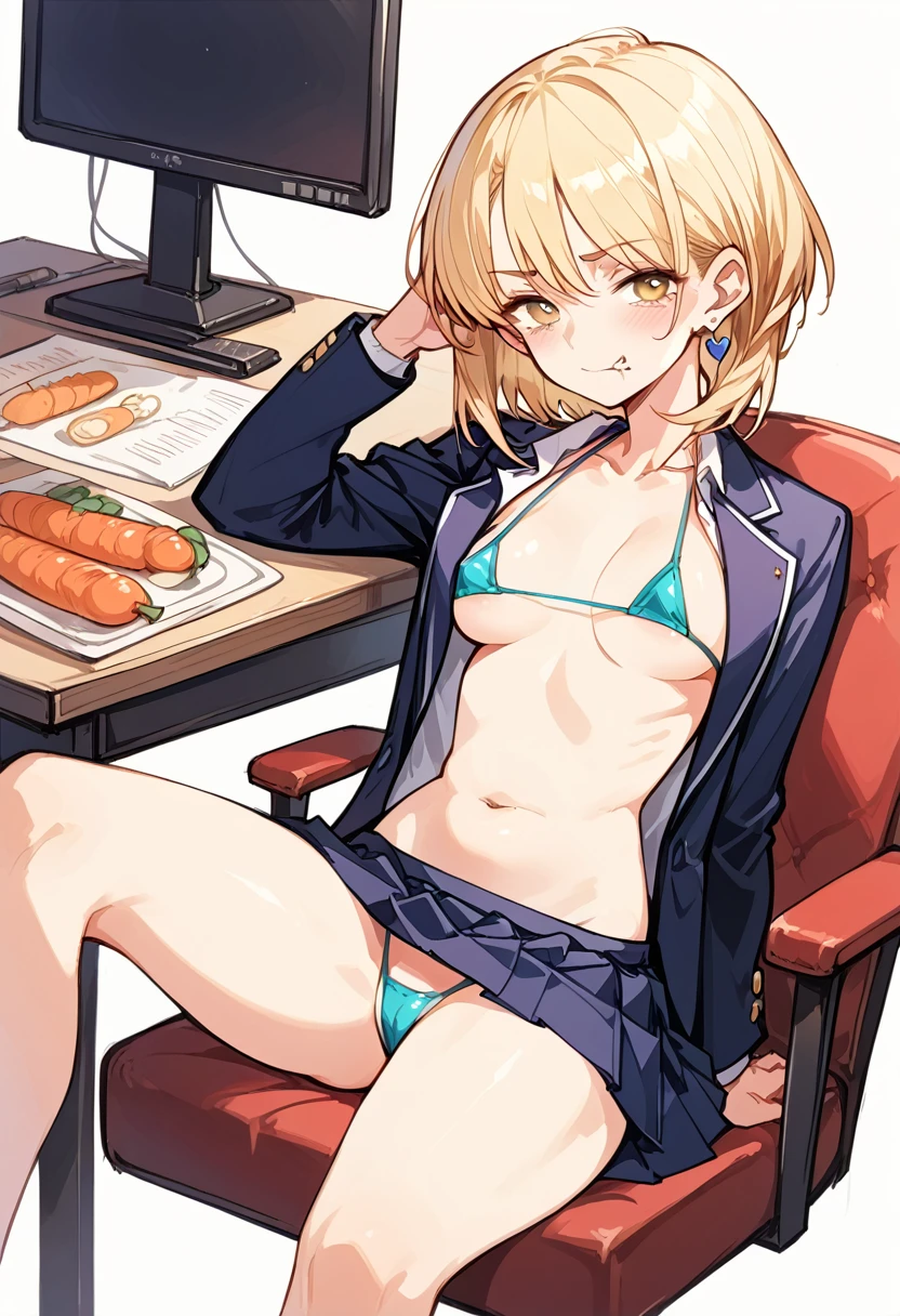 (masterpiece, Highest quality: 1.2),(,Gal、high school girl、Sitting in a chair、Blonde、Voluptuous、、smirk、Pleated skirt、blazer、Part of her skirt is flipped up, exposing her underwear),(masterpiece, Highest quality: 1.2),(Used Pekora:1.6),(bob hair),a lot of saliva ,Eating carrots,Earrings,(small breast:1.6),(mature woman:1.8),(30 old years:1.6),(Micro Bikini:1.6),(spread pussy)(open eyes)(looking at viewer)(,Gal、high school girl、Sitting in a chair、Blonde、Are crying、regrettable、Tears、He looks frustrated.,hatred、anger、rage)