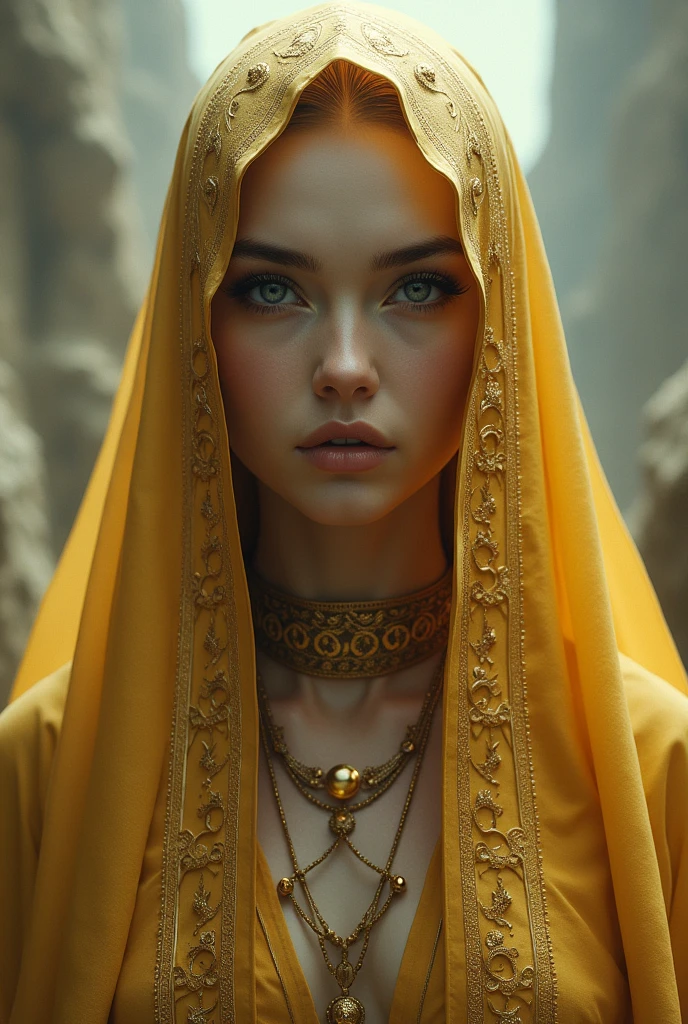 Giant girl,with gold  hijab ,looking at the viewer 