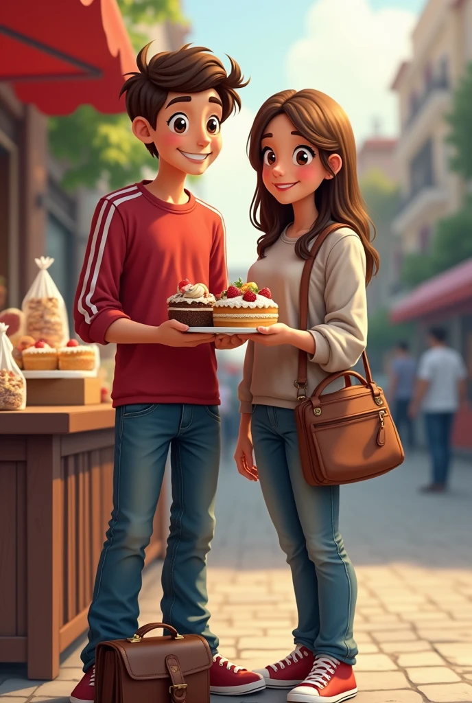 create a photo of a boy from 1.75 meters tall and his mother is 1.60 meters tall with straight hair, going out to sell cake on the city streets with the cakes in bags.Remember that they sell in stores in cities, and the boy also has a man's purse with money inside it and the purse is next to him. remember that the smiling and fixed looks for drentee they do not wear an apron just jeans and a red adidas shirt and the mother wears a long sleeve shirt and jeans he is a teenager and she is a 30 year old woman