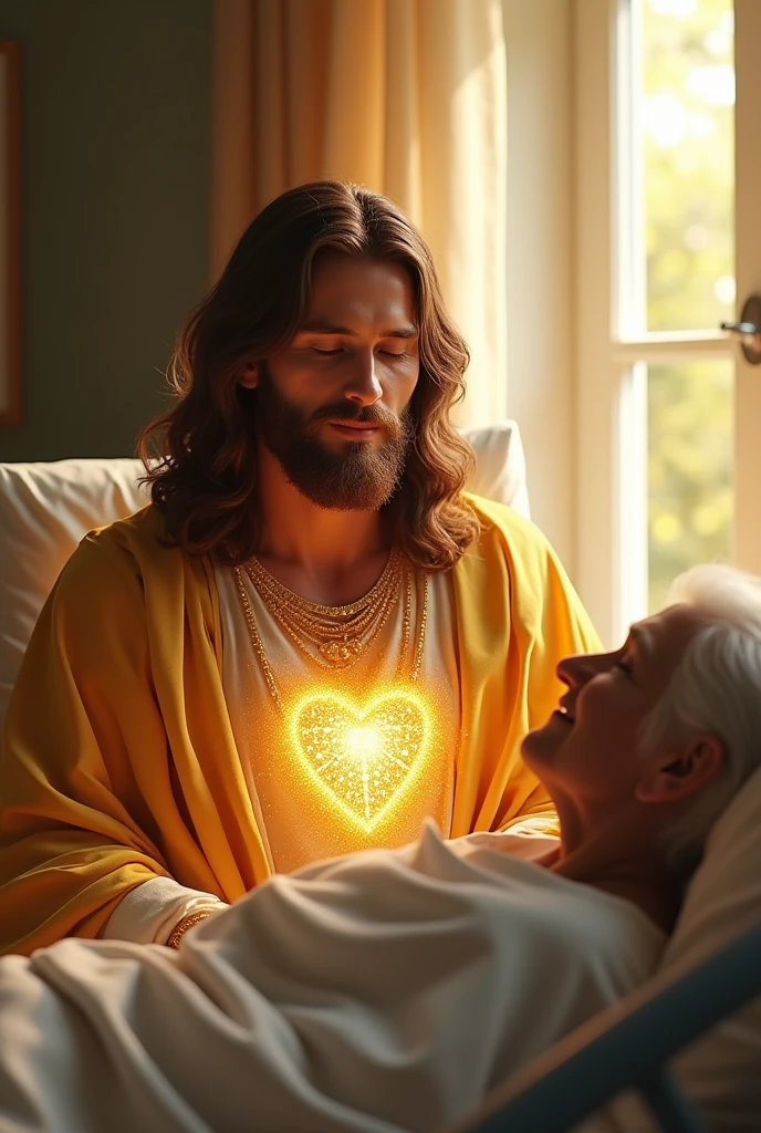 (photorealism:1.2), handsome Jesus Christ, sitting on bed beside of old patient that laying in bed in the hospital, wearing a gold color of king clothes with light in his heart and head sparkling all over, many diamonds, nice hair, indoors, soft lighting, hospital bed in the background, window with sunlight, cozy room, relaxed pose, realistic, intricate details, warm colors,