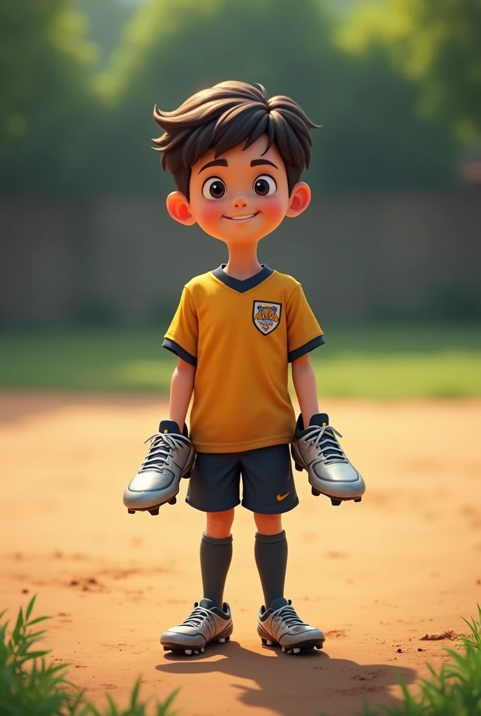 Description: A boy is proudly showing off his new soccer cleats on the dirt field. He looks at the camera with a satisfied smile.