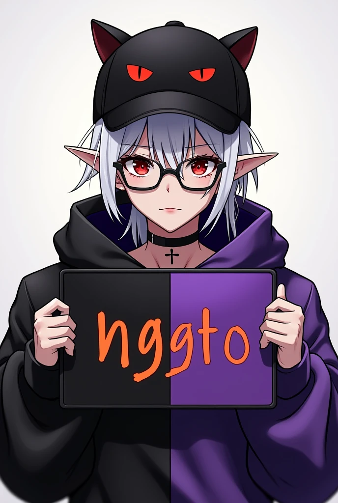 young man, Black skin tone, dark red eyes, elf ear small size, black earring in the shape of a cross but with two ears, wears prescription glasses, White hair, hair tied with ponytail, 2 strands of hair in the front, wears a black cap with a cat face, wears a closed hood with two different colors, black on one side and purple on the other, com um nome laranja Written: NGGTO. Holding a sign with a side cut that divides the colors black and purple, Written: NGGTO