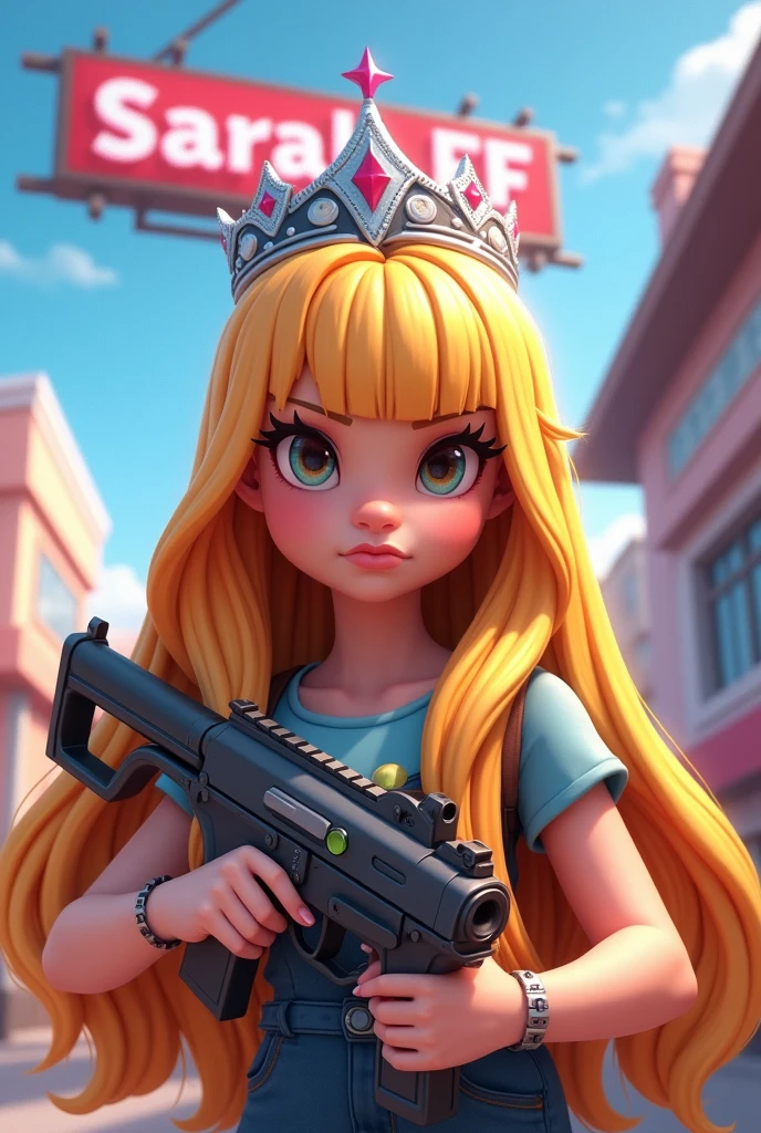 image of a cartoon girl, Free Fire player with blonde hair, long, without fringe,with a silver crown,that her name Sarah FF appears as a poster and that she has a gun in her hands