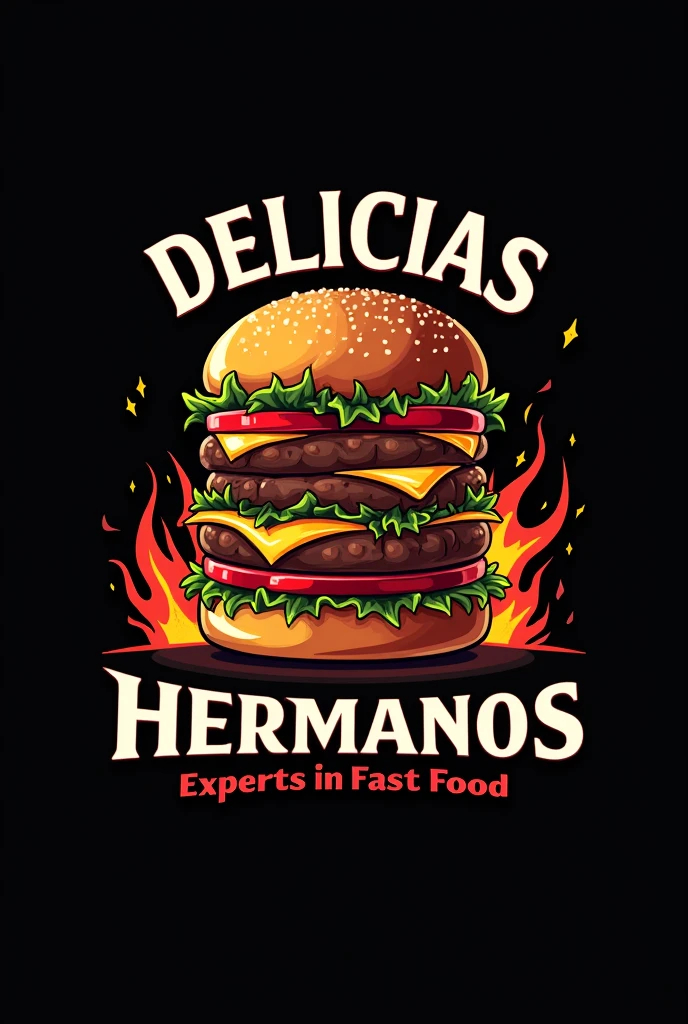 Make me a logo with a drawing of a juicy burger, with a black background and little flames and the name of Delicias 3 hermanos and around it that says experts in fast food