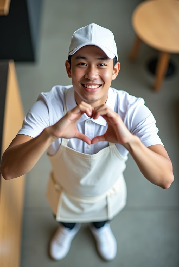 top view of a young Indonesian man,wearing a baseball cap,wearing a waiter uniform with apron,white Nike shoes, standing looking at the camera above ((while his hands sign Cute Korean Mini Love Saranghae Hand Sign)).((making a heart shape with his hands))perfect lighting