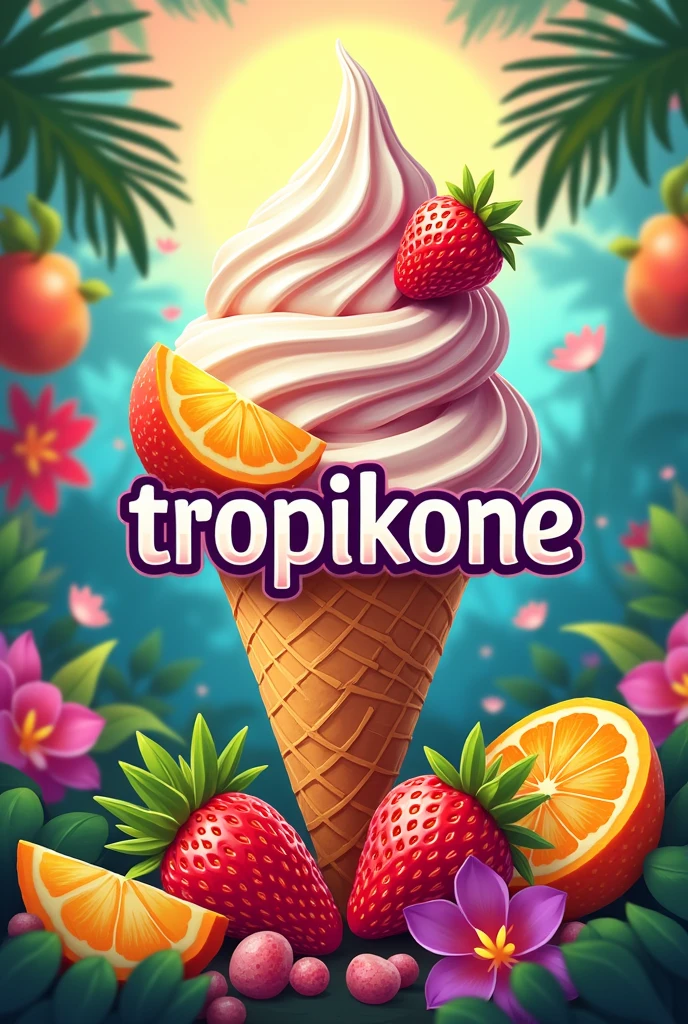 LOGO WITH NAME "tropikone" In the center appears an ice cream cone with cream and tropical fruits, like strawberry, in the background with tropical colors