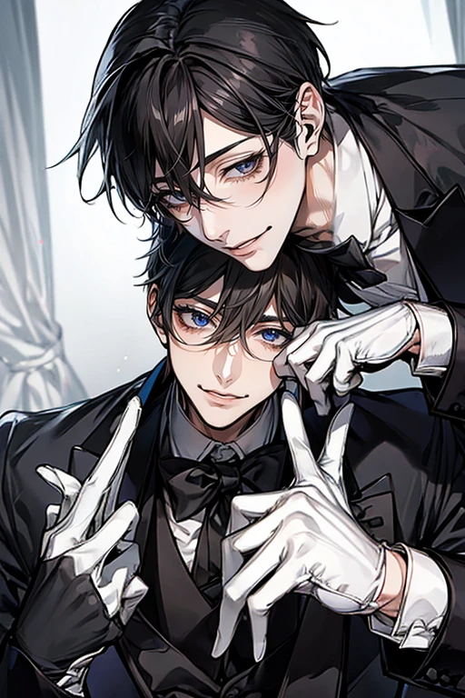 (Mastepiece)、(Best Quality)、Very detailed、((1 butler:1.5))、Perfect Face、Beautiful Face、Very detailedな顔、(Black Hair:1.3)、Black butler uniform、Glasses、(White gloves:1.3)、Smiling face