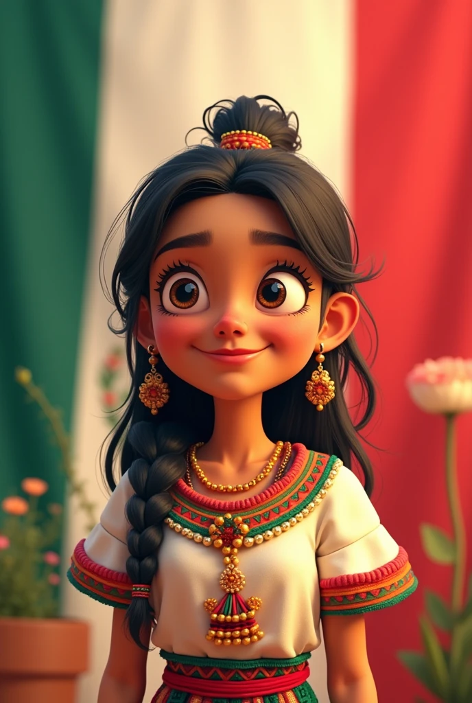Animated cartoon young woman, tender, dressed in Mexican handmade clothing, colorful background of the Mexican flag and that in the large caption says "Xanitzy"