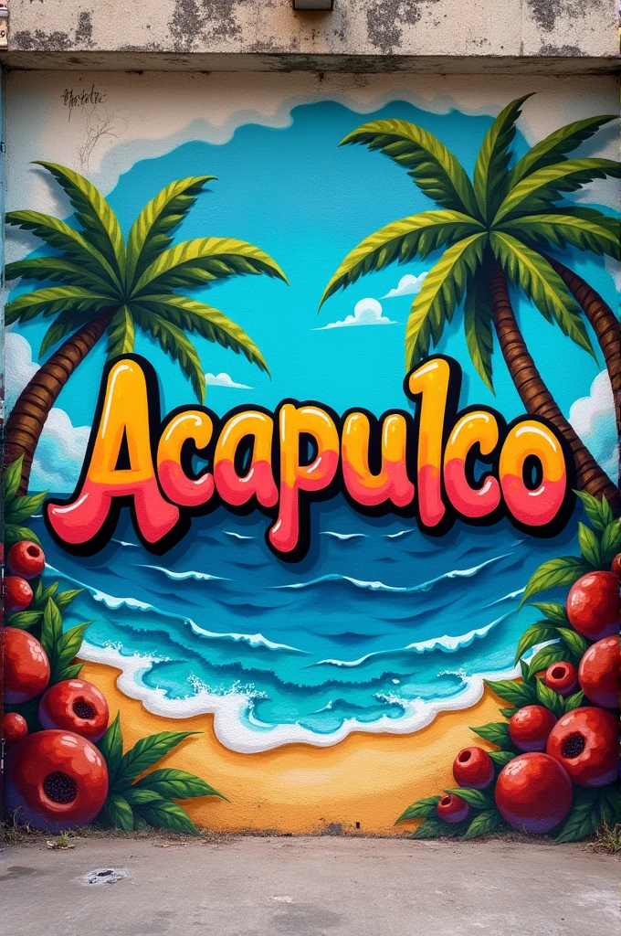 Graffiti with beach drawings and the word "Acapulco" with balloon letters