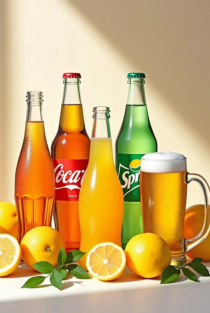 coke bottle, sprite, fanta, lemon juice, orange juice and pilsner beer
