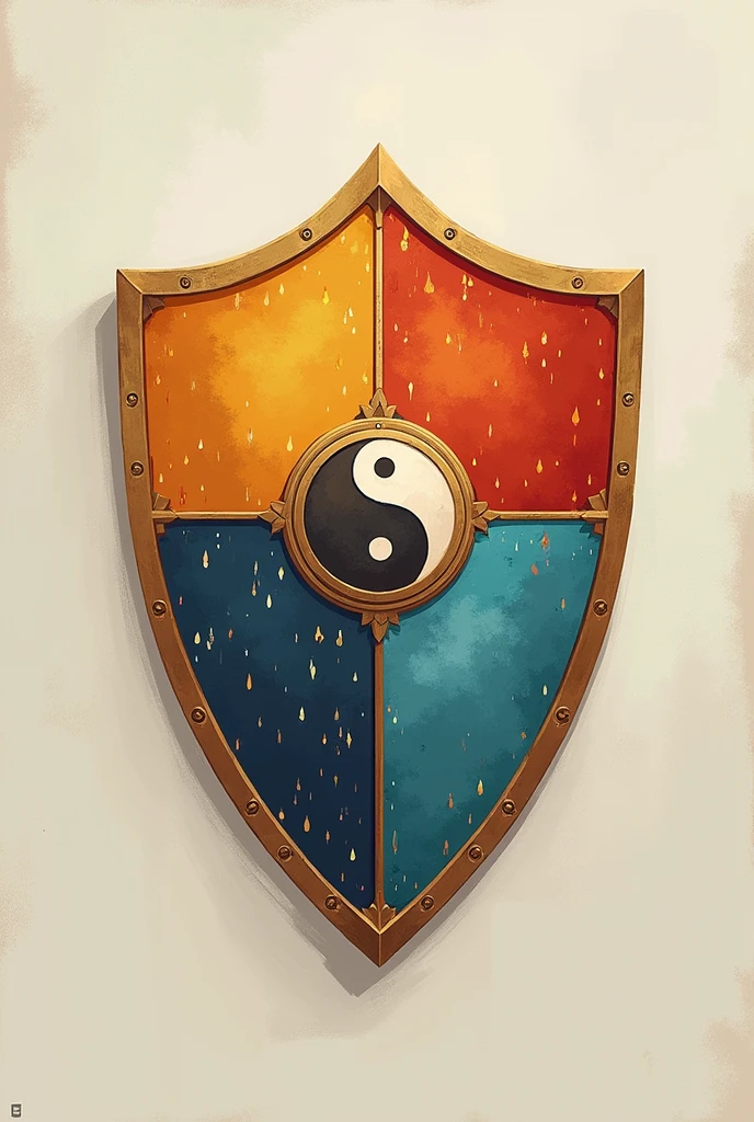 Shield divided into four quadrants: Each quadrant could represent a key emotion (happiness, sadness, Ira, calm). In the middle, where the quadrants meet, You could place a balance symbol or a yin-yang, indicating how all emotions come together and are managed to achieve harmony.
