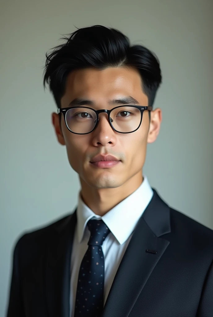A young man with black hair and blue eyes, wearing a suit, handsome, half Chinese, half English, still young and handsome, wearing glasses.