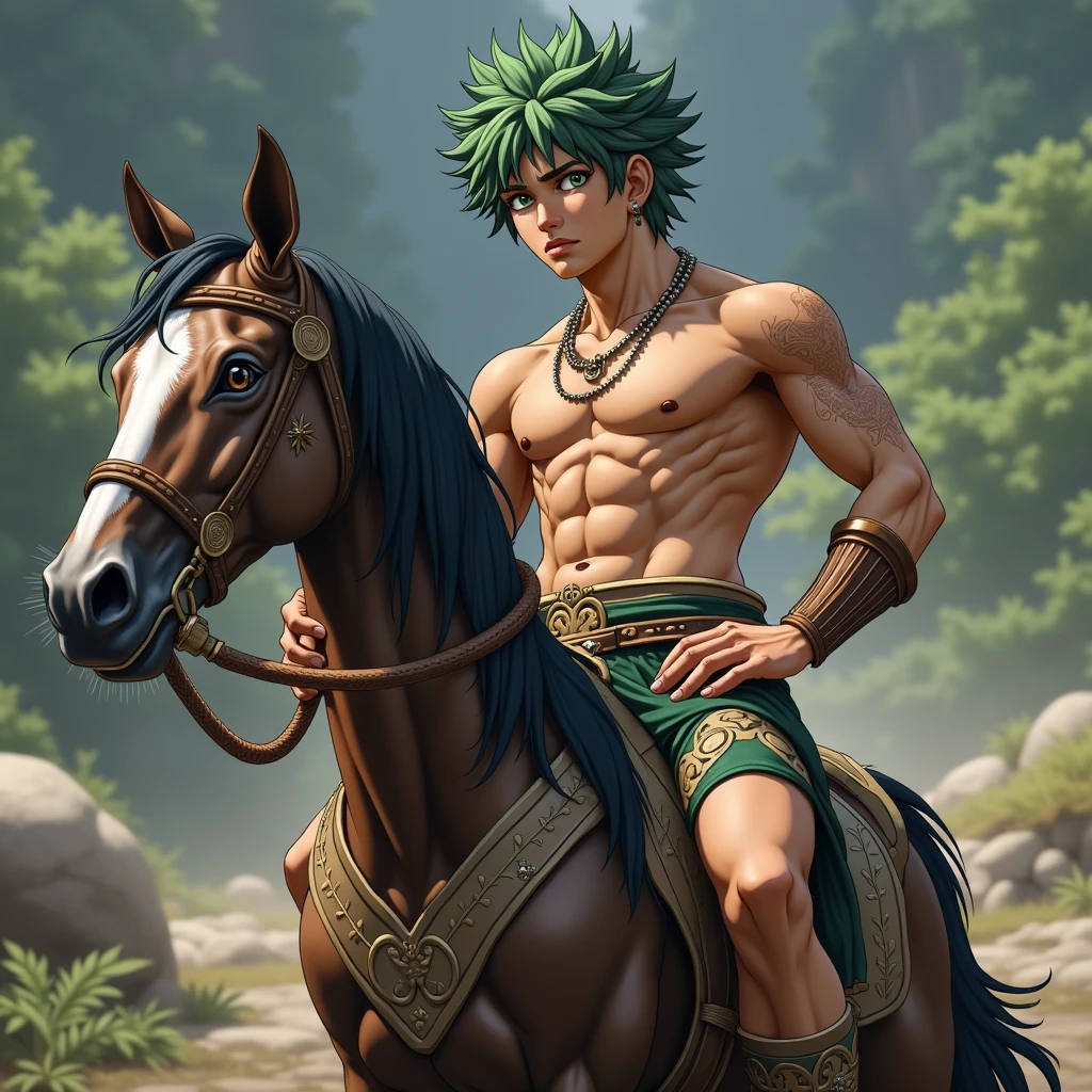 Izuku Midoriya, Shirtless, Green Hair, With a Horse, Green Eyes, Greek Warrior, Shirtless, Greek Mythology, Son of Artemis, Forest, Hunter.