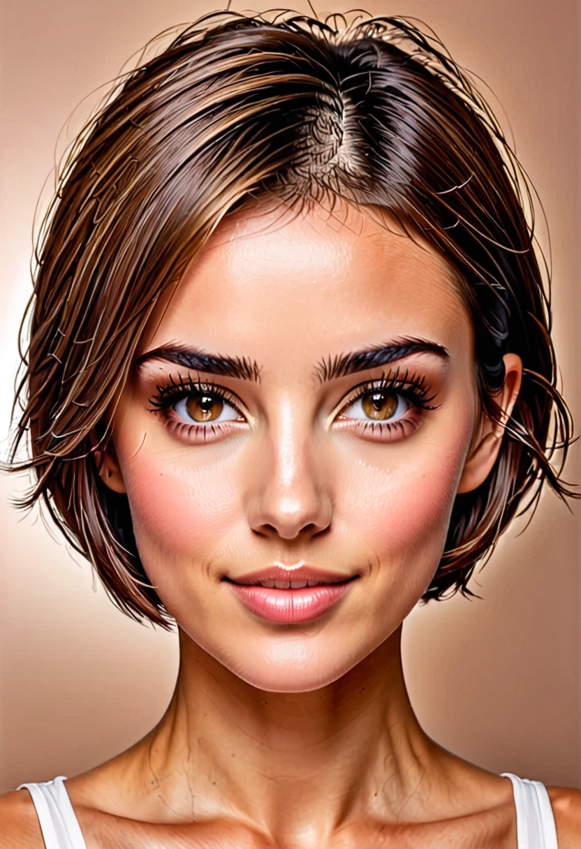 Half aged woman, short thin hair, brown hair and eyes, thin eyebrows