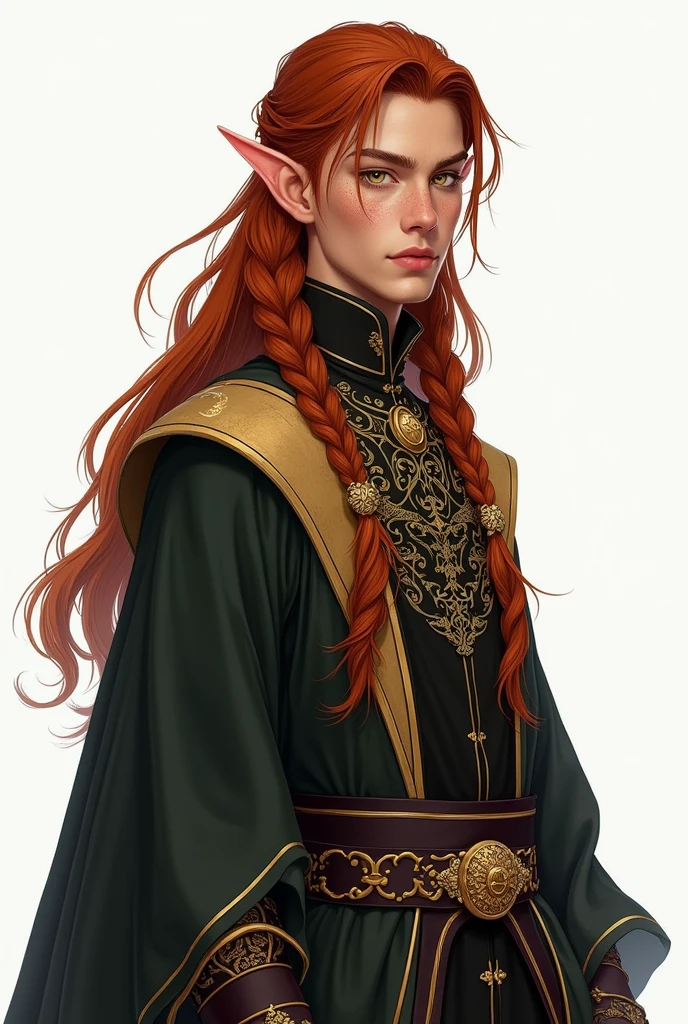 Drawing of a High Elf, adult, with masculine appearance inspired by kpop idol Lee Felix, do grupo Stray Kids, copper colored braided hair, with gold ornaments, golden eyes and tanned skin, freckles on the face, in wizard clothes. Standing showing the entire body and white background