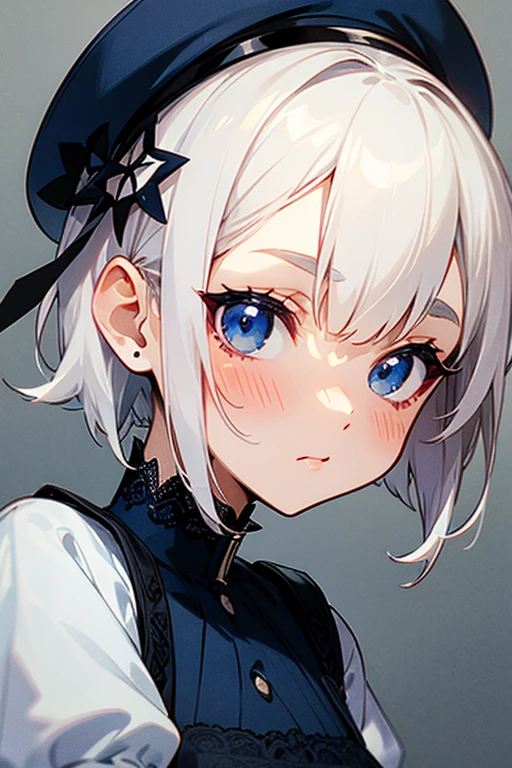 Short white hair, blush, Lace dress、Punk Fashion、Headbang 2.、Navy blue uniform、Face close-up、