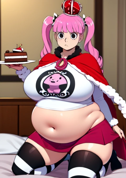 (masterpiece, best quality), 1girls, big belly, blurry background, huge belly, art by kipteitei, round belly, chubby, curvy, pink pony tails, red mini skirt, (( wearing black and white horizontally striped thigh highs)),  castle background, belly bursting out of white long sleeved reglan tee shirt ,((( white long sleeve tee shirt))), (((wearing a black and red crown))) , enormous belly, fat belly, thicc, bigger belly, really big belly, jiggly belly, giant huge belly, big enormous belly, ((((gigantic belly)))), bloated belly, fat belly, ginormous big belly, expanding big belly, sfw, safe for work, kneeling on bed, sfw (safe for work), perona , (((a person out of frame is feeding her cake, cake is being shoveled into her mouth, her lips are closed around a slice of cake, a platter of cake, she has her mouth open wide f))), sweating, blushing, (mouth open wide, she is saying aaah), ((her belly is being grabbed and played with by floating hands)), she is wearing tall red laced up boots, (((wearing red capelette draped over her shoulders with wool on the edges)))