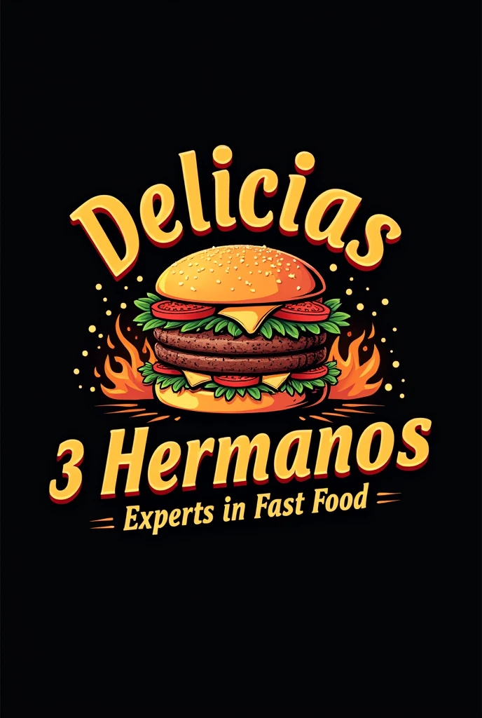 Make me a logo with a drawing of a juicy burger, with a black background and little flames and the name of Delicias 3 hermanos and around it that says experts in fast food