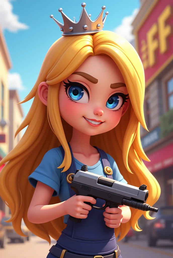 image of a cartoon girl, Free Fire player with blonde hair, long, without fringe,with a silver crown,that her name Sarah FF appears as a poster and that she has a gun in her hands