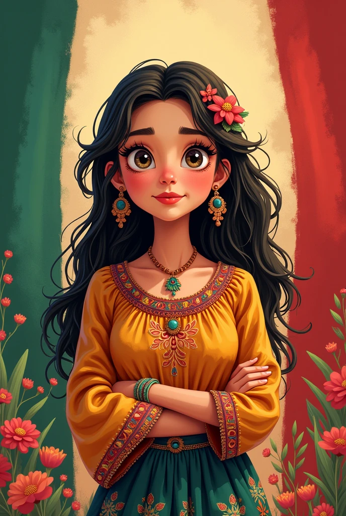 Animated cartoon young woman, tender, dressed in Mexican handmade clothing, colorful background of the Mexican flag and that in the large caption says "Xanitzy" what Xanitzy says