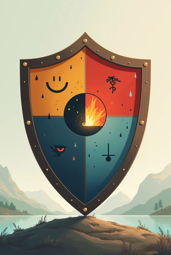Shield divided into four quadrants: Each quadrant could represent a key emotion (happiness, sadness, Ira, calm). In the middle, where the quadrants meet, You could place a balance symbol or a yin-yang, indicating how all emotions come together and are managed to achieve harmony.