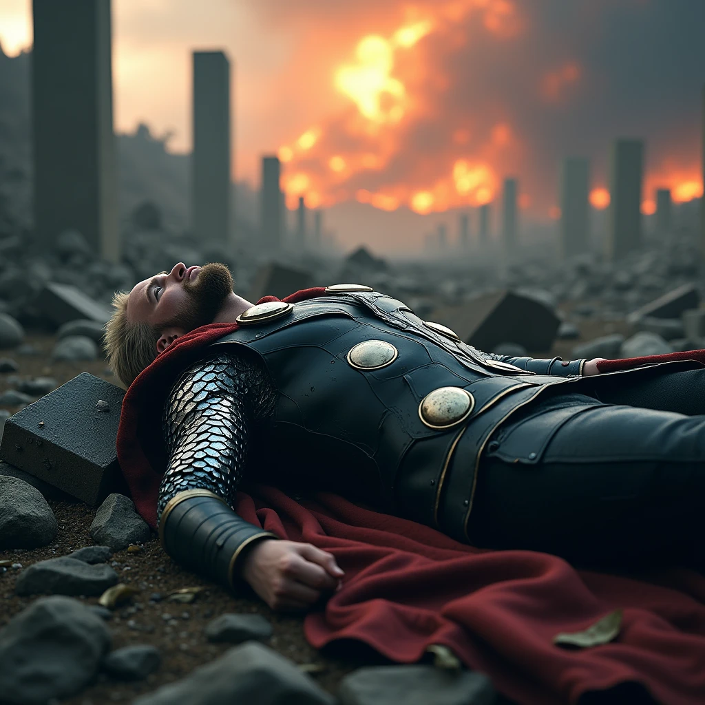 Thor dying after Ragnarök, a god laying down in final moments, Norse mythology, in battle-worn armor with Mjolnir by his side, the battlefield, surrounded by ruins and fallen gods, with a fiery sky in the background, wide-angle shot, hyper-realistic, photo realism, cinematography --ar 1:1