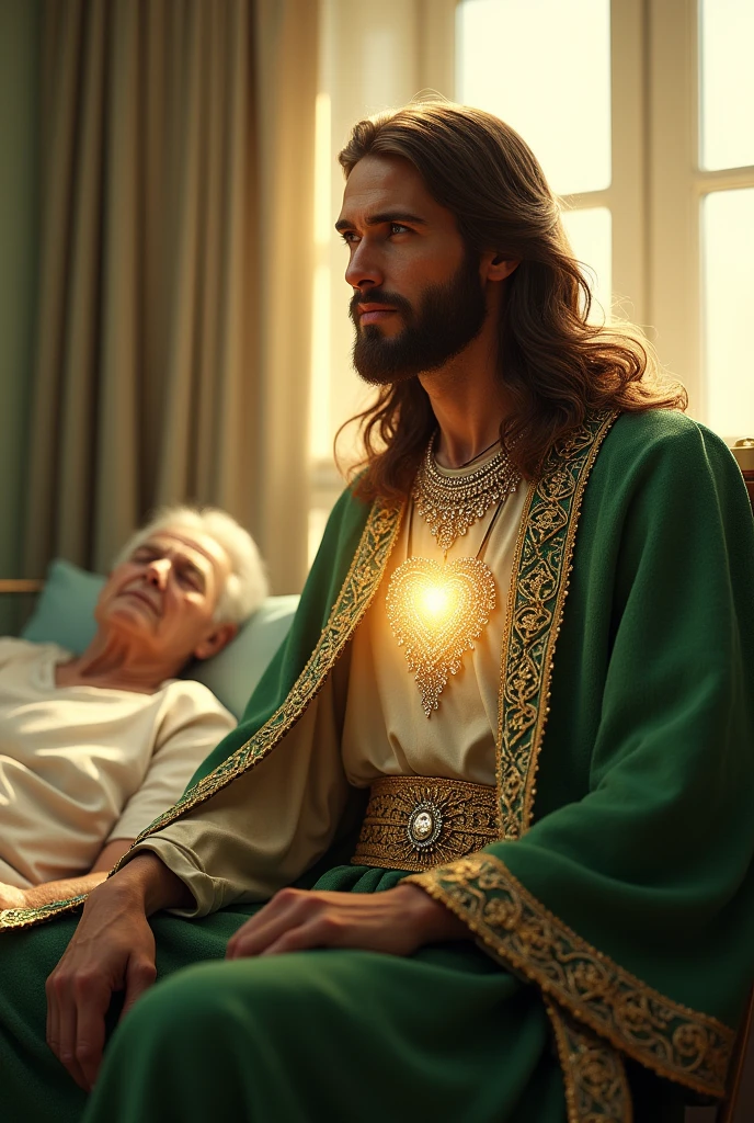 (photorealism:1.2), handsome Jesus Christ, sitting on bed beside of old patient that laying in bed in the hospital, wearing a green color of king clothes with light in his heart and head sparkling all over, many diamonds, nice hair, indoors, soft lighting, hospital bed in the background, window with sunlight, cozy room, relaxed pose, realistic, intricate details, warm colors,