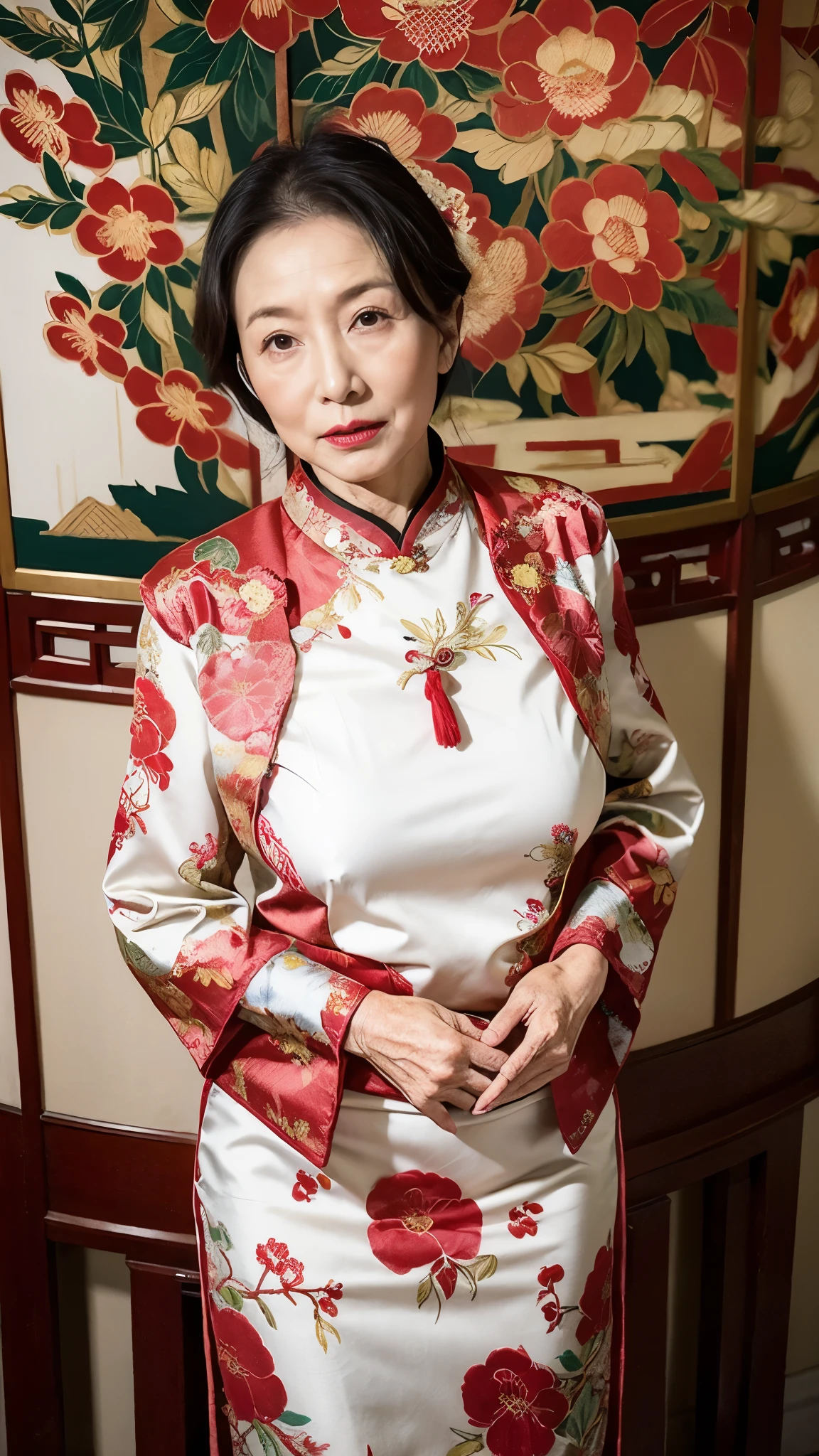 Mature Woman, 120 years old, Japanese painting gravure, senior citizen, Draw lips correctly, Red lipstick, No discomfort, 16K, Highest quality, Very detailed, Realistic, Very detailed肌, Chinese mistress, (Chinoiserie), alone, Large Breasts, Mature Madam, Glamour, sexy, Chromo White Skin, Staring straight ahead,