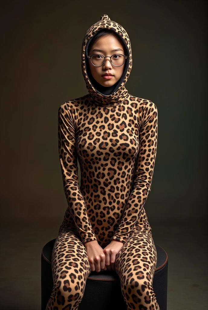 A beautiful and thin chinese contortion adult girl wearing a pair of glasses wears leopard print lycra turtleneck unitard catsuit.She always wear leopard print lycra dancewear hijab-like hood.She is sitting on the circus pedestal.