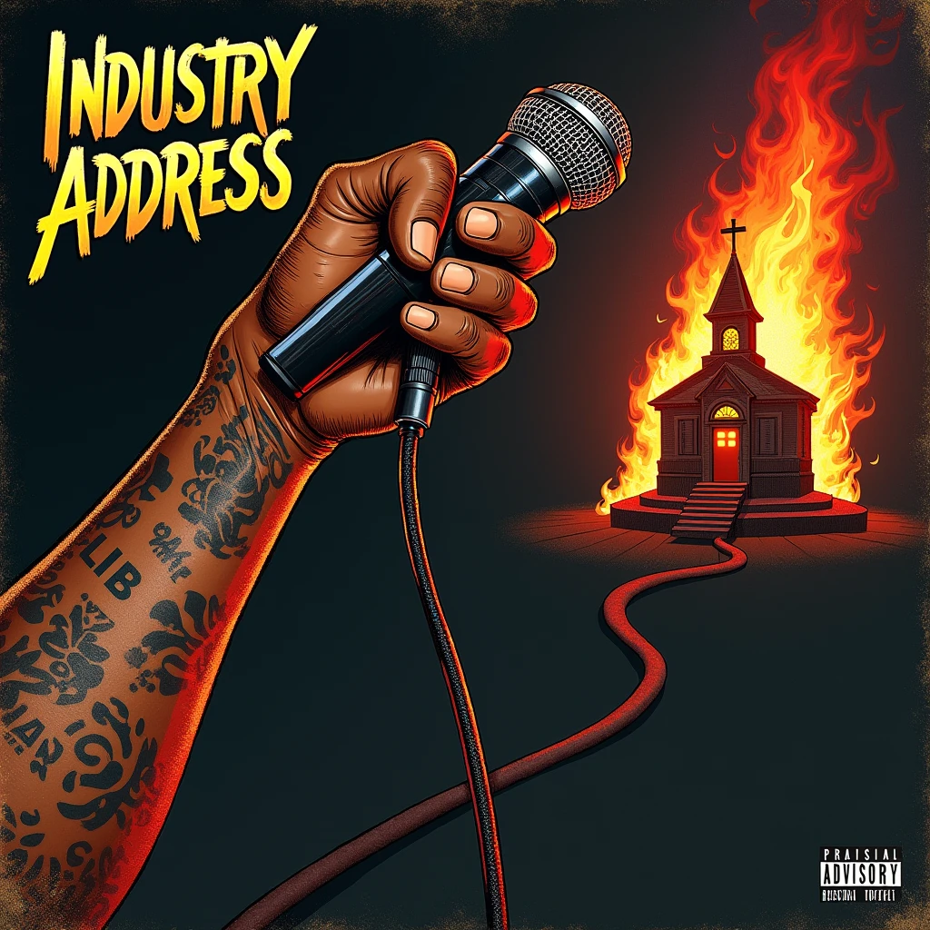 Do a hip-hop song cover art titled "INDUSTRY ADDRESS."  On it there should be a muscular African hand tatted with a clearly written tattoo "Lib Dax EST 1996," holding a microphone. At the ending of the microphone rope, there should be a burning church (indicating a persona named church being address artistically).
