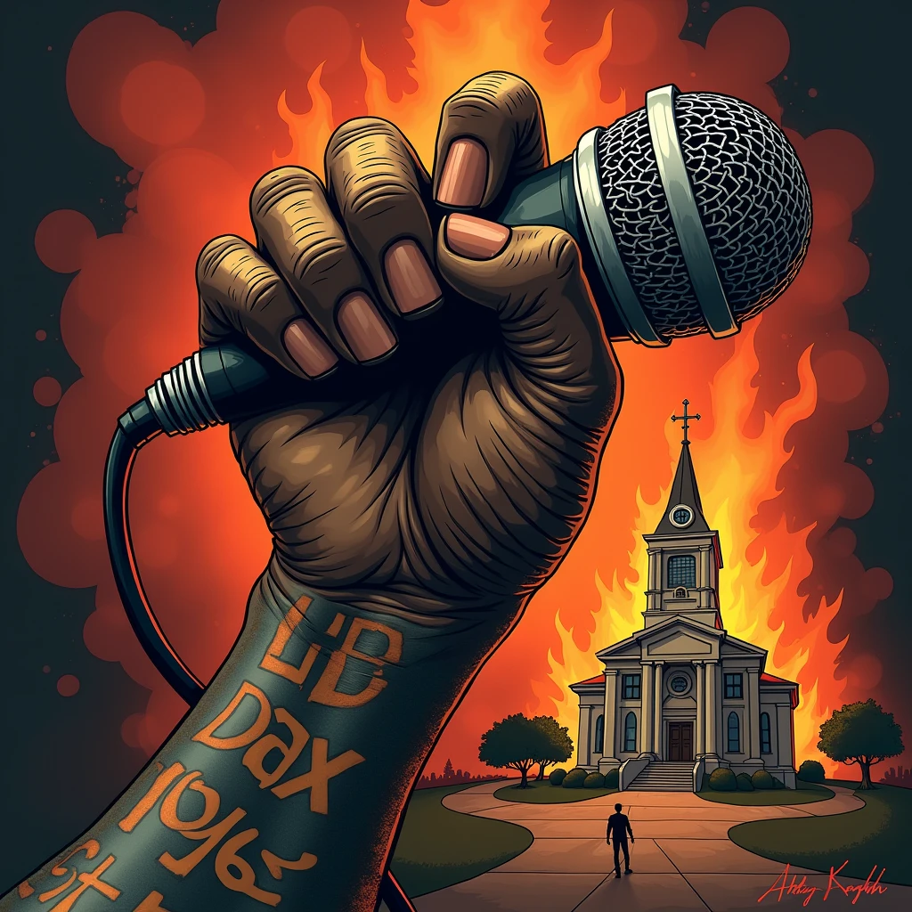 Do a hip-hop song cover art titled "INDUSTRY ADDRESS."  On it there should be a muscular African hand tatted with a clearly written tattoo "Lib Dax EST 1996," holding a microphone. At the ending of the microphone rope, there should be a burning church (indicating a persona named church being address artistically).