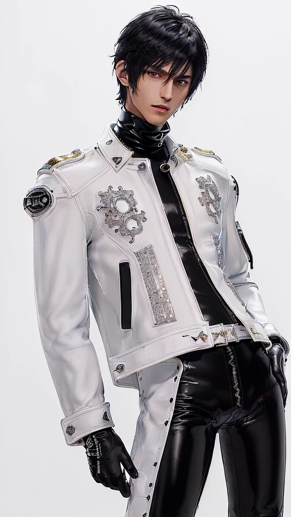 ((Final fantasy taste and reality graphics)), ((Japanese young cute and cool ikemen boy)), his age is early 20s, thin eyebrows and beady eyes, ((((he wearing white color and very shining brightly enamel leather very thick single-brest jacket)))), ((with epaulet)), ((enamel leather jacket close all zippers)),, ,(( jacket collar is very high length stand-up collar with belts)), , (((also wearing black color turtleneck very shining brightly enamel leather shirts))), (((tight black and very shining brightly enamel leather pants))), ((((very shining brightly black enamel leather tight and thin glove)))), ((black color and vety shining brightly leather knee-high raceup boots)),head-to-toe, whole body, boy looks like fashion model,Do not show skin from the neck down,(((all his clothes are smooth design and very shining))),(((Avoid adding unnecessary decorations to your clothes))),(((all clothes is simple design and appearance)))