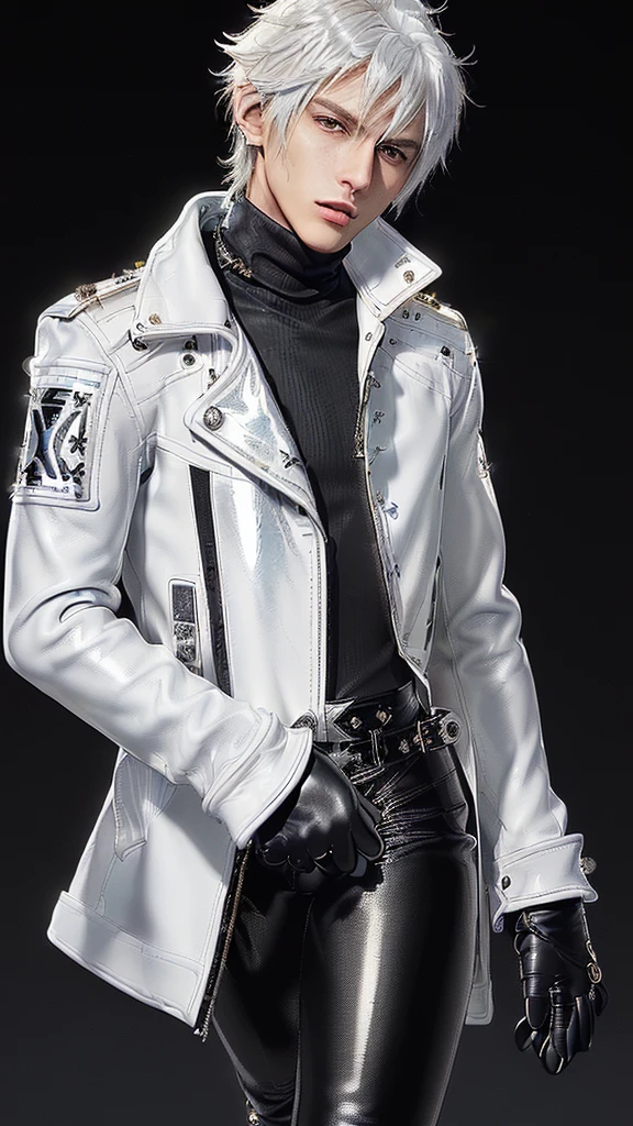 ((Final fantasy taste and reality graphics)), ((Japanese young cute and cool ikemen boy)), his age is early 20s, thin eyebrows and beady eyes, ((((he wearing white color and very shining brightly enamel leather very thick single-brest jacket)))), ((with epaulet)), ((enamel leather jacket close all zippers)),, ,(( jacket collar is very high length stand-up collar with belts)), , (((also wearing black color turtleneck very shining brightly enamel leather shirts))), (((tight black and very shining brightly enamel leather pants))), ((((very shining brightly black enamel leather tight and thin glove)))), ((black color and vety shining brightly leather knee-high raceup boots)),head-to-toe, whole body, boy looks like fashion model,Do not show skin from the neck down,(((all his clothes are smooth design and very shining))),(((Avoid adding unnecessary decorations to your clothes))),(((all clothes is simple design and appearance)))