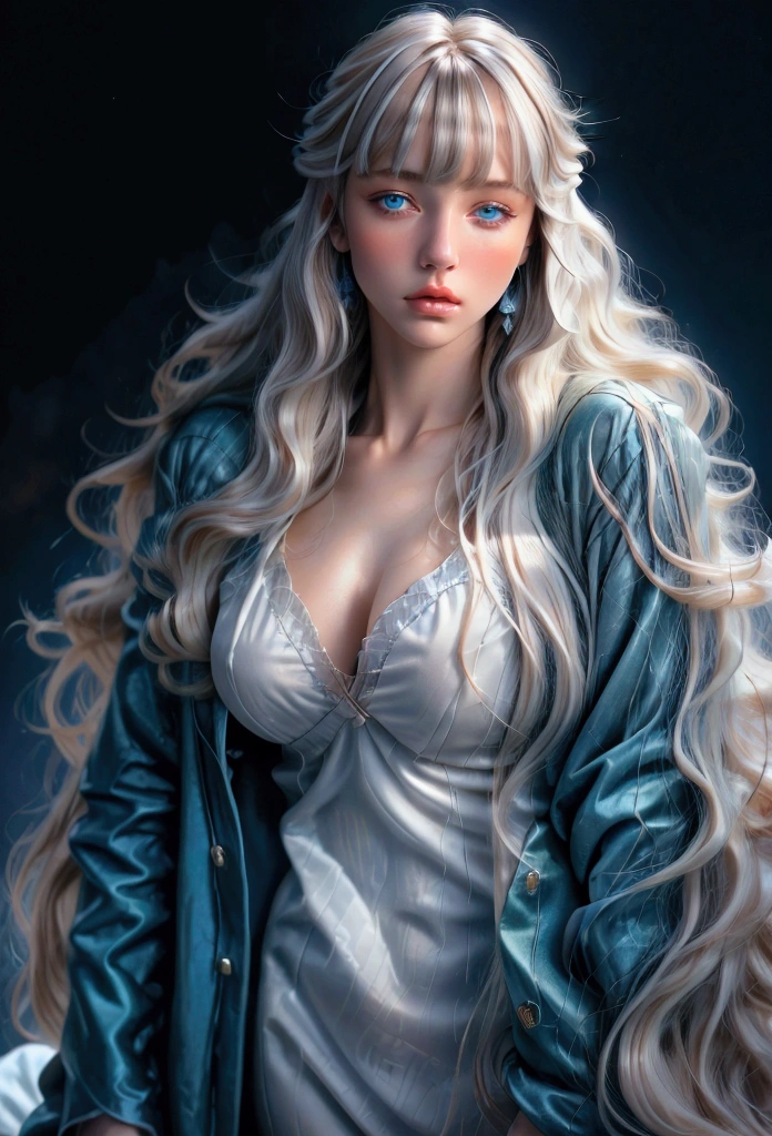 Luxury T-shirt, Luxury coat, (Realistic:1.4), (Best quality:1.0), (Breakfast:1.0), 8K, RAW photo, (Masterpiece:0.2), 1 female, Detailed skin, Looking at viewer, Blue eyes, (White blonde perm long hair with bangs:1.2), (Big breasts:1.0), (Big areolas:0.8), (Pure face_v1:0.5), Blue sky, White clouds, Green grass, Breeze,