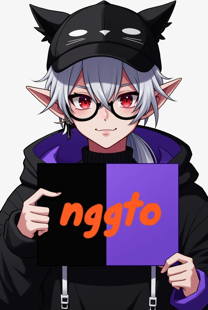 young man, Black skin tone, dark red eyes, elf ear small size, black earring in the shape of a cross but with two ears, wears prescription glasses, White hair, hair tied with ponytail, 2 strands of hair in the front, wears a black cap with a cat face, wears a closed hood with two different colors, black on one side and purple on the other, com um nome laranja Written: NGGTO. Holding a sign with a side cut that divides the colors black and purple, Written: NGGTO