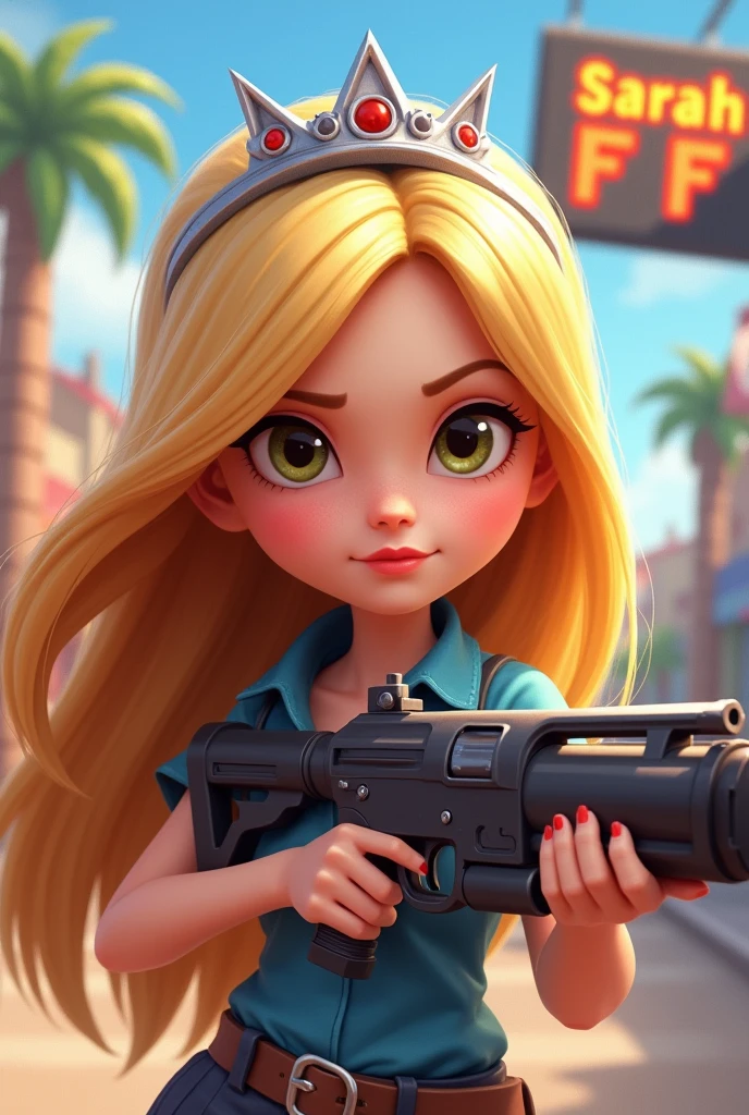 image of a cartoon girl, Free Fire player with blonde hair, long, without fringe,with a silver crown,that her name Sarah FF appears as a poster and that she has a gun in her hands