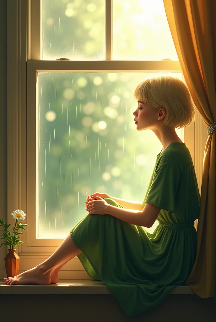 in harmony Emily sat by her window, watching the **soft rain** fall in delicate patterns against the glass.mixed with warm sun , white women with blonde short hair and green dress No deformities in the face, hands and body
