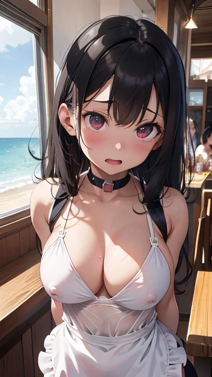 mastute piece,Best Quality,insanely detailed,8k cg,nsfw,
(shoot upper body:1.3),
(1girls:1.3),standing,looking at viewr,body in front,((both arms behind back:1.4)),(waitress,swimsuit:1.2,apron:1.2),(bare breasts:1.2),break,
blush,shy,(ecstasy face),(trembling:1.2),break,(light black hair:1.4),
break,
perfect breasts,perfect teats,(open mouth:0.9),(large breasts:1.3),
(beach house:1.1)