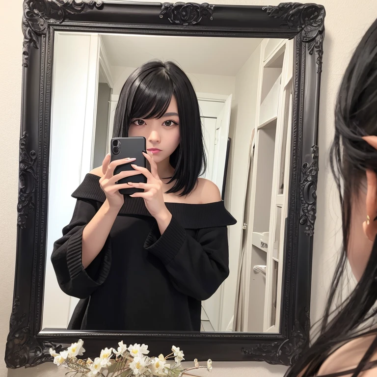 Black eyed girl with black hair, taking a photo in front of the mirror