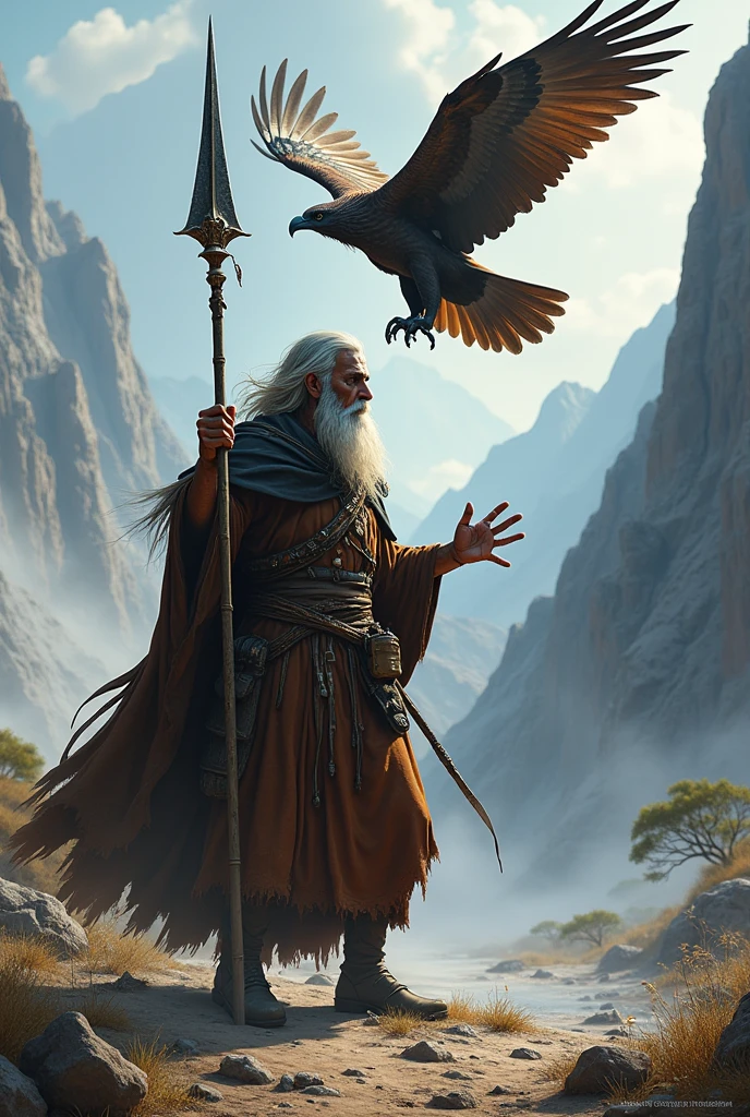 A badass wizard beggar with a spear tipped with Asmat Dagger Speer, Condor talk