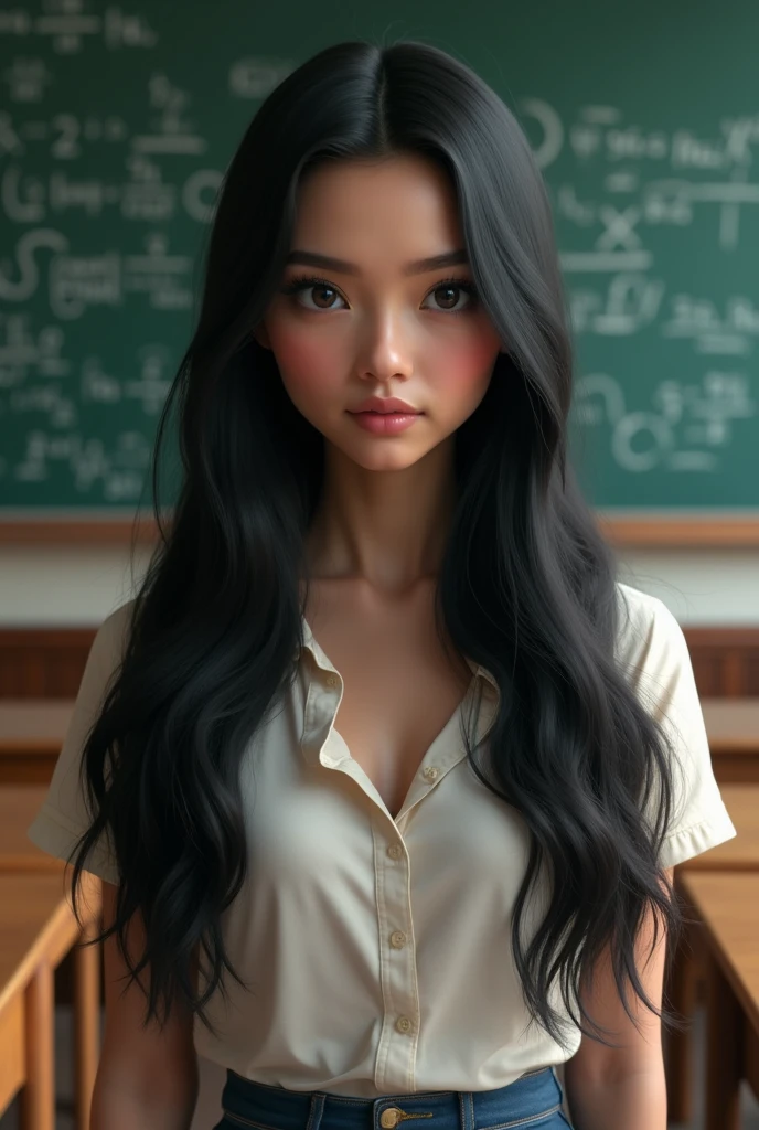 Make me a math teacher, about 40 years old, with black hair parted in the middle, very long hair, very beautiful and well-built, Make it real so that the math classroom can be seen, thick eyebrows, long eyelashes, thick, pink lips, the face a little rounder, The longer the hair is straightened and looks very secure, as if it were super studied