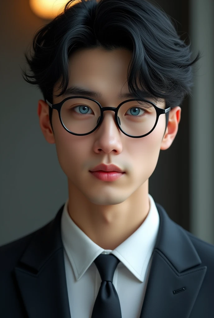 A young man with black hair and blue eyes, wearing a suit, handsome, half Korean, half English, still young and handsome, wearing glasses.