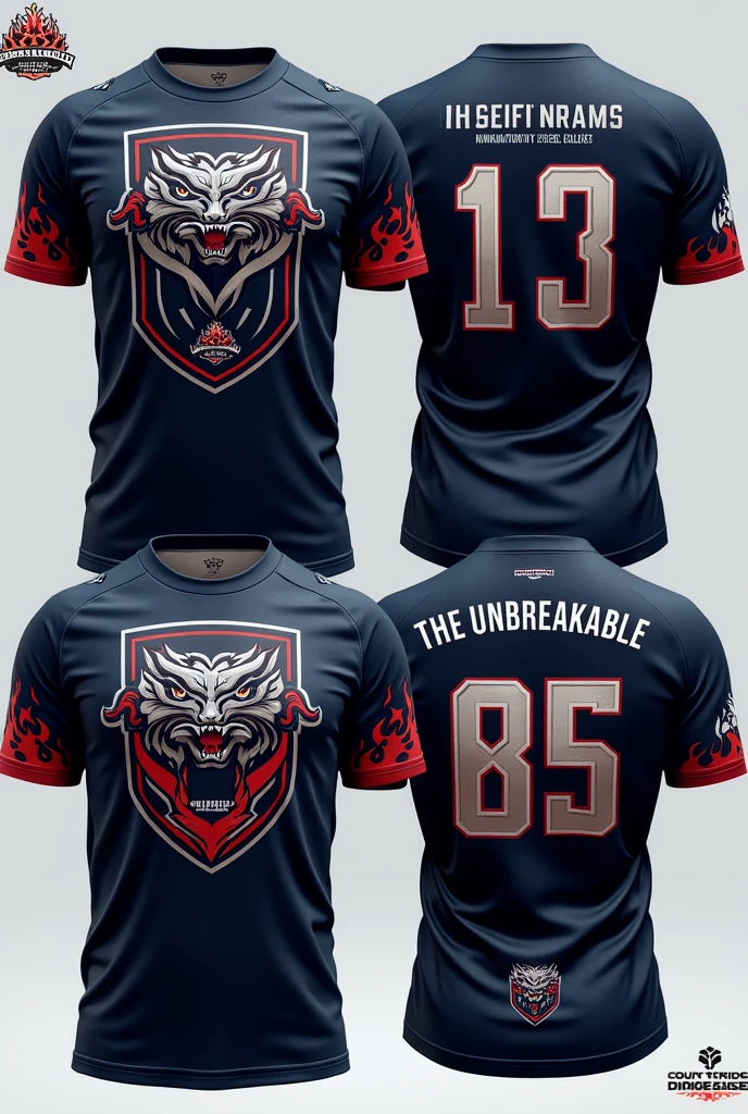 Create a Sports Shirt:Color Base: Dark blue or black.Front part:Logo: Emblem with a stylized dragon or shield, in silver or red, chest focused.name of the team: "STEEL DRAGONS" in large, sporty letters, Below the logo, in white or silver.back:number: "7" in big bold letters, in white or silver, on the upper back.Bottom text: "THE UNBREAKABLE" in a strong and sporty font, focused on the lower back, in a color that contrasts with the background.Additional Details:sleeves: Flame details or dragon patterns in red or silver to complement the design.I hope your shirt looks amazing on the field!!