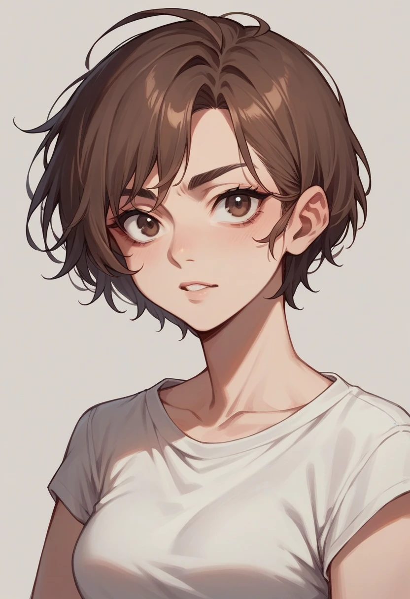 Half aged woman, short thin hair, brown hair and eyes, thin eyebrows