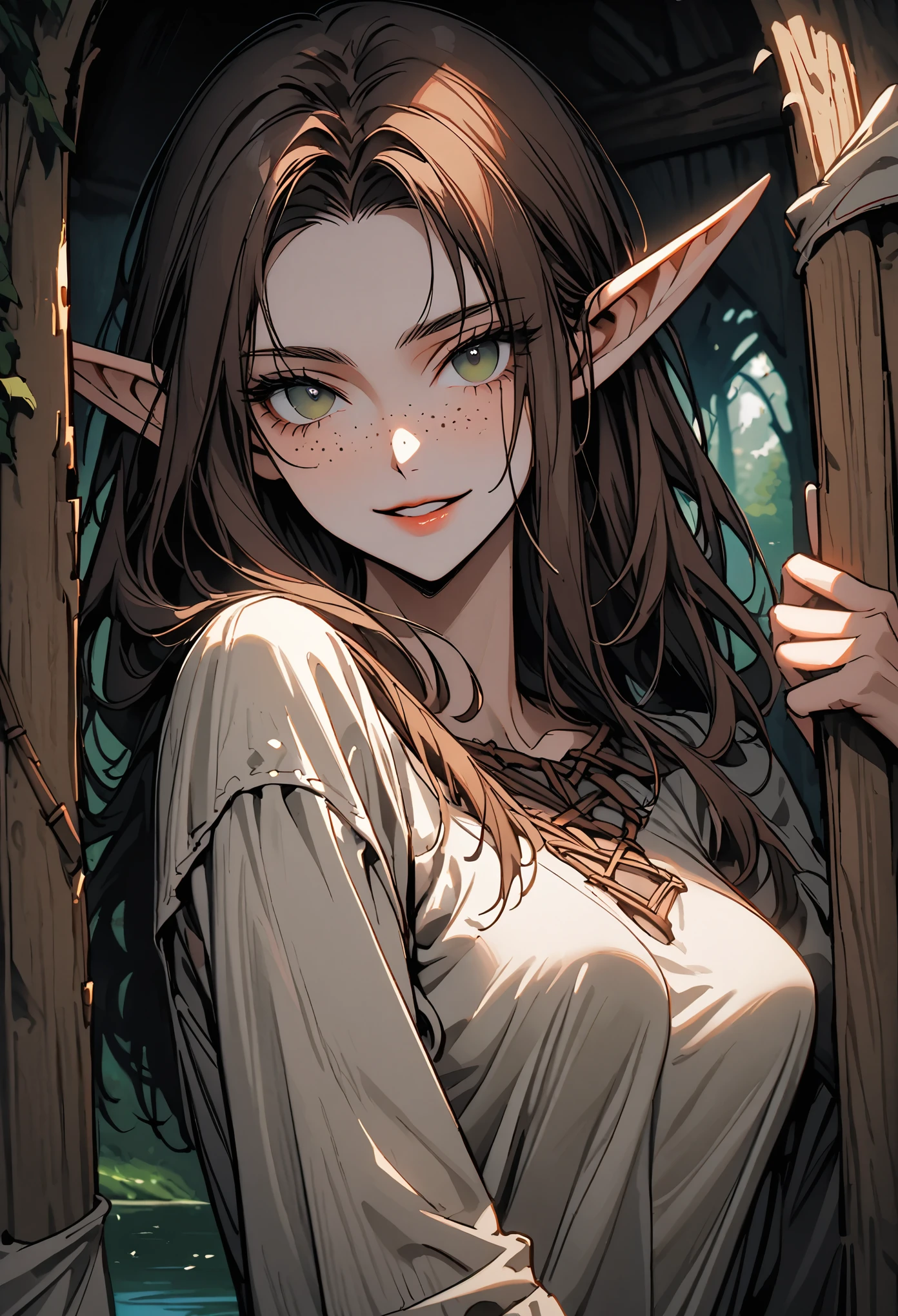 solo, female, elf, huge pointed ears, medium breasts, long brown hair, dark green eyes, freckles, medieval, come hither, close up, sexy pose, lake, forest, sackcloth shirt, inside cabin, wide smile, very tall, slender, parted lips