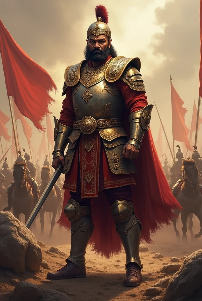 Prithviraj Chauhan in Battle Armor: Create an image of Prithviraj Chauhan wearing his traditional battle armor, with a stern and determined expression on his face, symbolizing his bravery and warrior spirit. The background should depict a medieval battlefield setting.